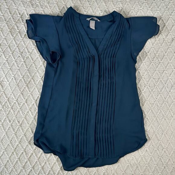 H&M Women's Sheer Flutter Sleeve Pleated Blouse Teal Blue XXS - Picture 1 of 6